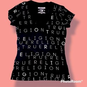 True religion t shirt black with white lettering short sleeves